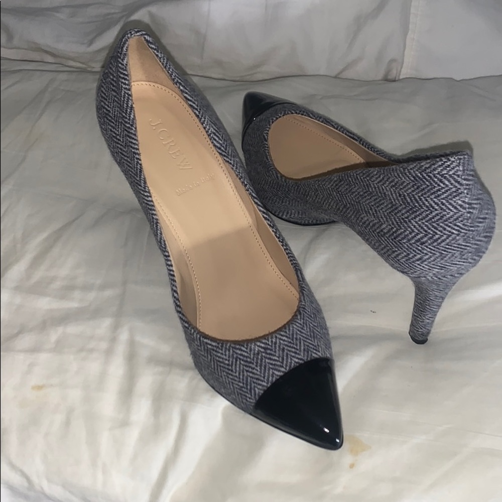 J. Crew Heels. Black/White Herringbone/Patent Toe